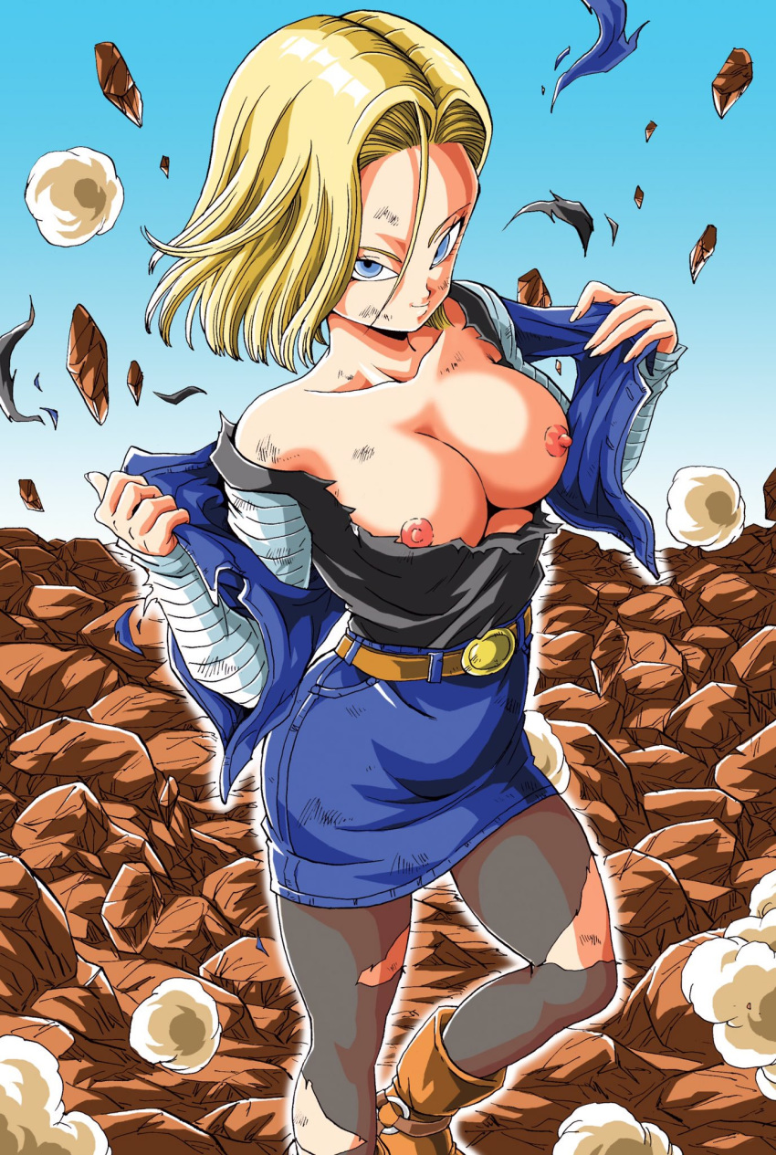 1girls android_18 blonde_hair blue_eyes breasts dragon_ball dragon_ball_z female female_only nipples smile solo topless torn_clothes youngjijii