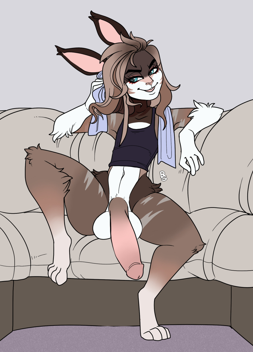 2019 anthro balls big_balls big_penis blue_eyes bottomless brown_hair clothed clothing eva(natsama) flat_chested fur furniture furry hair hi_res huge_cock lagomorph leporid long_ears male mammal navel on_sofa penis rabbit rancidious shirt sitting smug sofa solo tank_top topwear towel wide_hips