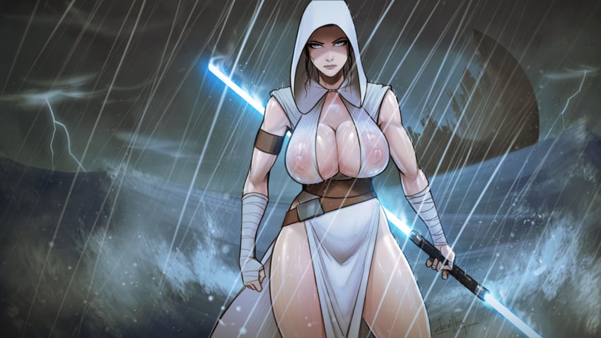 1girls angry areolae athletic_female bare_legs big_breasts black_hair blue_eyes blue_lightsaber breasts brown_hair busty cleavage clothed clothing death_star devil_hs double_bladed_lightsaber dress female female_focus female_only hair highres holding_sword holding_weapon hood hood_up hoodie hourglass_figure huge_breasts kef_bir large_breasts legs lightsaber looking_at_viewer melee_weapon muscular_female naughty_face night nipple_bulge nipples nipples_visible_through_clothing outdoor pelvic_curtain rain raining rey sad seductive see-through see-through_clothing solo standing star_wars sword the_rise_of_skywalker thick_thighs transparent_clothing wallpaper wallpaper_for_the_brave water wave weapon wet wet_clothes wet_hair white_clothing wide_hips