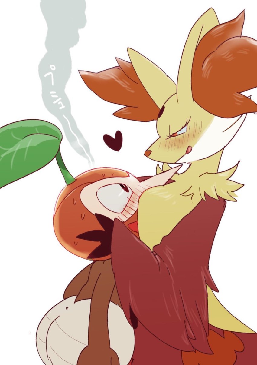 1boy 1girls anthro anus between_breasts blush bodily_fluids breasts delphox duo eyelashes female fur half-closed_eyes heart hi_res humanoid japanese_text larger_female leaf licking licking_lips male nintendo nuzleaf pokémon_(species) pokemon pokemon_mystery_dungeon pokemon_rse pokemon_xy seductive simple_background size_difference smaller_male sweat tan_body tan_fur text tongue tongue_out ukyu video_games white_background