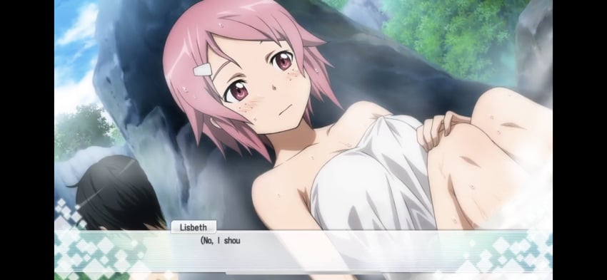 black_hair blush freckles game_cg kirito legs lisbeth nipples pink_eyes pink_hair shinozaki_rika sword_art_online text towel