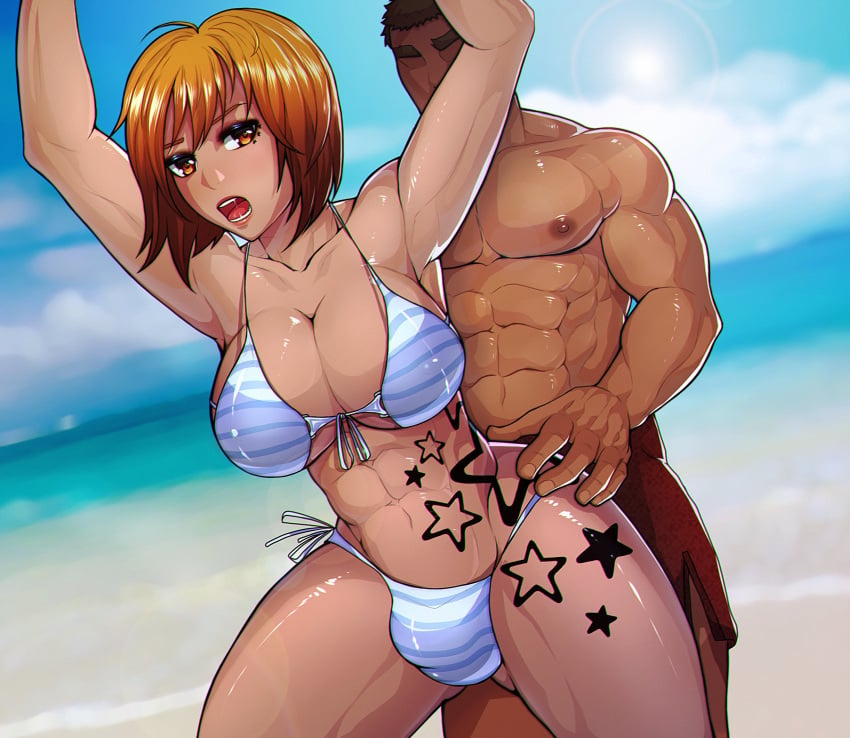 1boy 1futa abs big_breasts bikini blueglueclue breasts bulge dark-skinned_female dark_skin dickgirl futanari huge_breasts intersex large_breasts male_on_futa muscles muscular muscular_female muscular_futanari muscular_male naughty_face rylee seductive short_hair