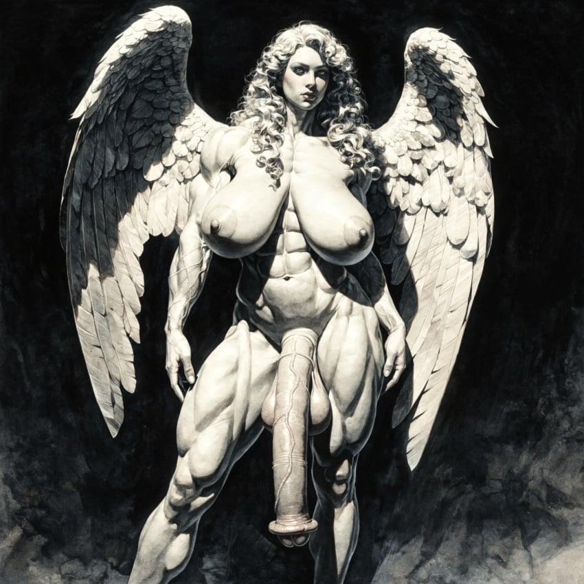 ai ai-created ai_art ai_assisted ai_generated angel angel_wings big_breasts big_cock big_penis black_and_white curly_hair feathered_wings flaccid_penis futa_only futanari horsecock horsecock_futa huge_breasts huge_cock huge_penis large_breasts large_cock large_penis long_hair monochrome muscular muscular_futa sagging_breasts saggy_breasts solo_futa statue wings