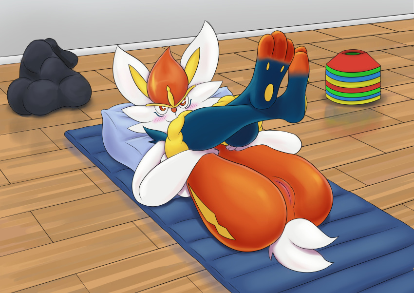 1girls 2019 3_toes absurd_res anthro anthrofied ass big_ass blush cinderace exercise eye_contact feet female fur furry furry_only gym hair half-closed_eyes hi_res humanoid lagomorph legs_up looking_at_viewer lying mammal mattress naked nintendo nude paws pillow pokémon_(species) pokemon pokemon_ss presenting presenting_hindquarters pussy smeargle20 smile solo stretching tail thick_thighs video_games white_body white_fur wide_hips