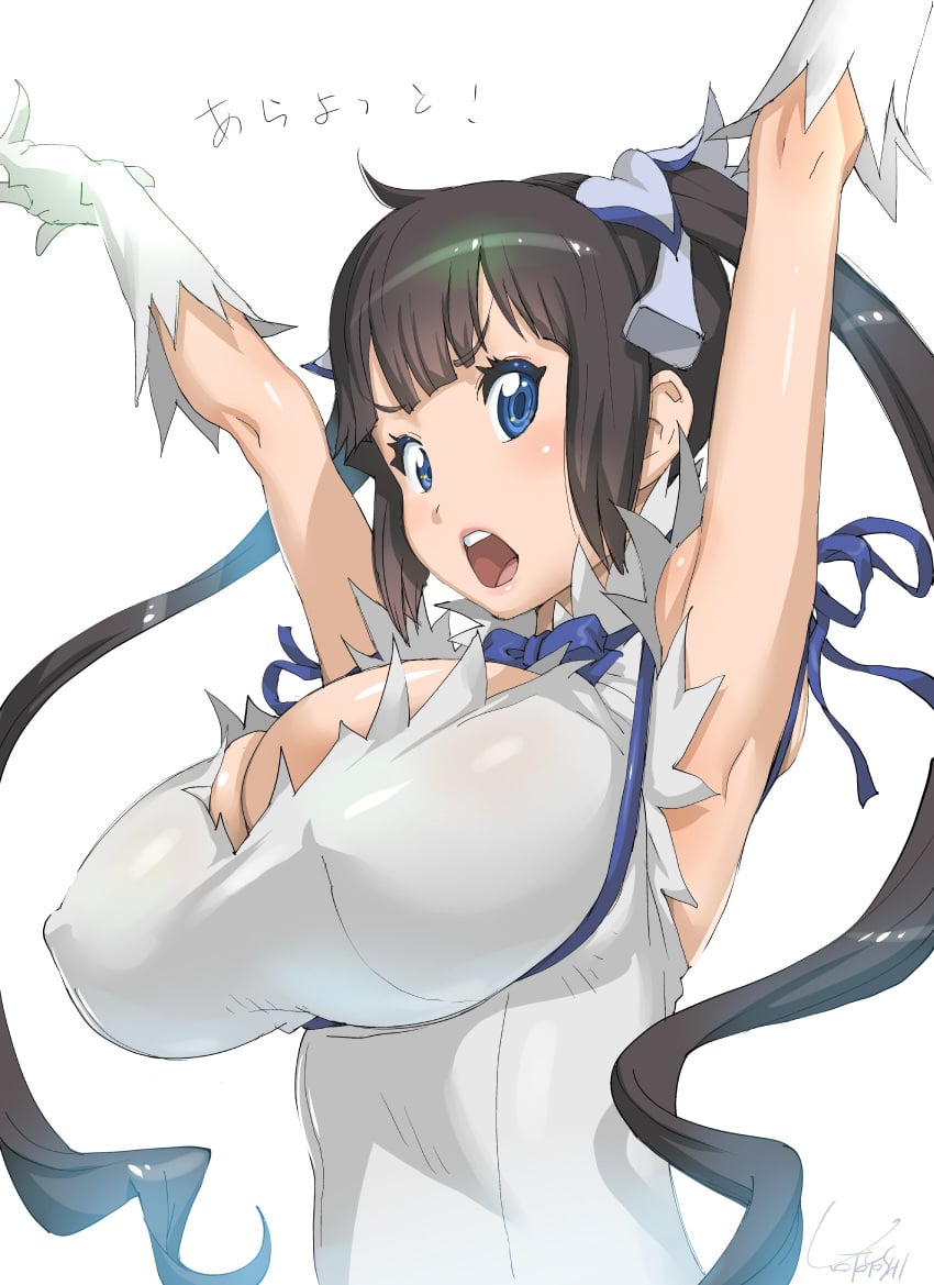 arms_up black_hair blue_eyes cleavage dungeon_ni_deai_wo_motomeru_no_wa_machigatteiru_darou_ka female goddess hestia_(danmachi) huge_breasts kotoyoshi_yumisuke long_hair