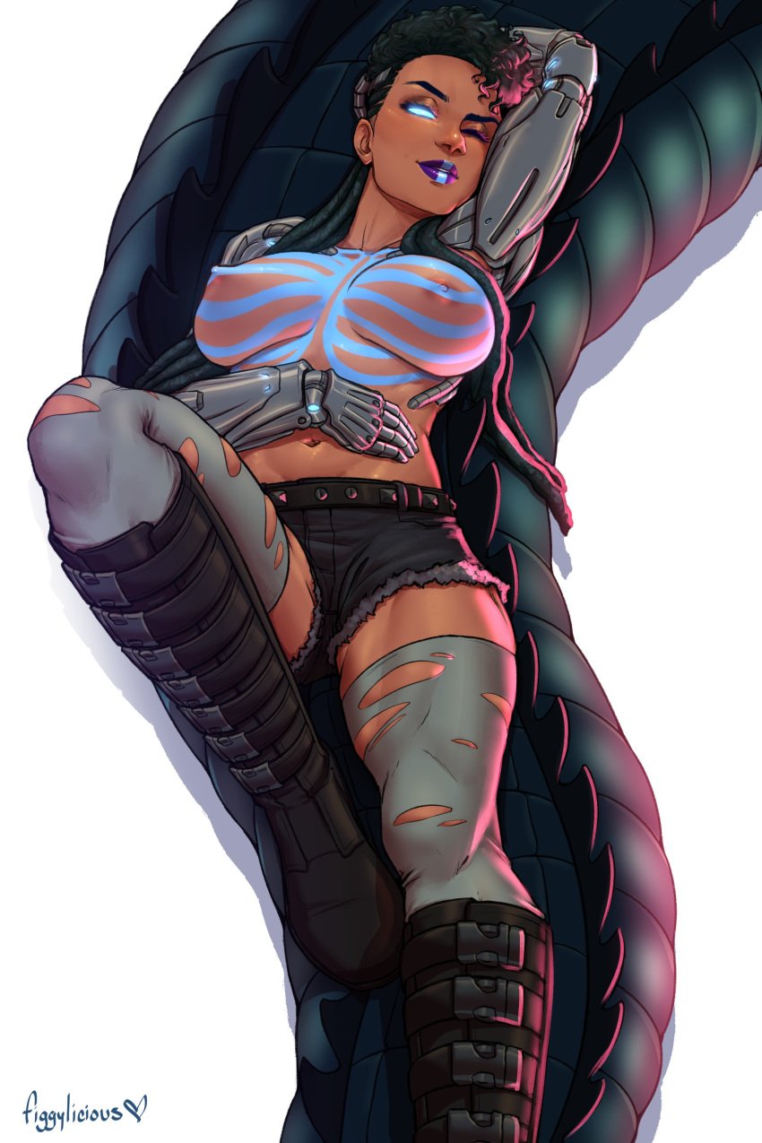 1girls big_breasts boots character_request cyborg dark-skinned_female dreadlocks figgylicious knee_boots prosthetic ripped_stockings robotic_arm science_fiction short_shorts shorts tagme tan_skin tattoo thighhighs topless