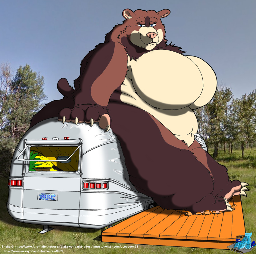 airstream anthro ass belly blakewolfdarkblades breasts crush female furry heavy hi_res invalid_tag mammal morbidly_obese no_humans obese overweight sr71beta ssbbw teasing trailer trisha ursid vehicle