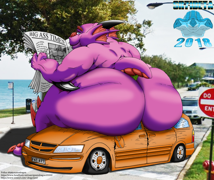 1boy anthro big_(disambiguation) car crush dragon from_behind furry hi_res looking_back male male_only no_humans obese obese_male overweight overweight_male pollux_(oc) reading scalie sitting solo sr71beta vehicle vehicles