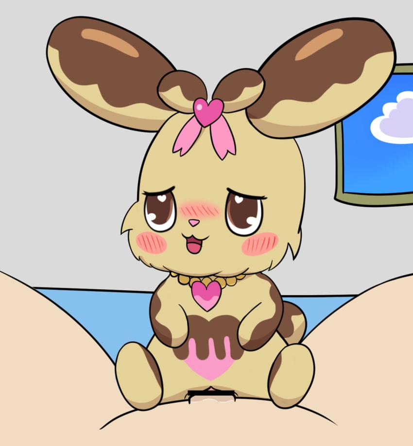 <3_eyes :3 blush bodily_fluids brown_eyes censor_bar censored duo eclan_(jewelpet) female food food_creature fur furesshu genital_fluids heart hi_res human inside interspecies jewelpet jewelpet_(species) jewelry lagomorph leporid male mammal necklace open_mouth penetration penis pussy pussy_juice rabbit sanrio straight sweetspet tan_body tan_fur uncut vaginal_penetration