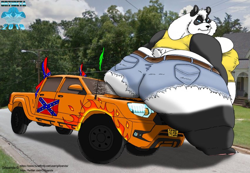 1girls anthro ass big_breasts breasts bump car clothing crush damage female female_only from_behind furry giant_panda gillpanda_(character) hi_res hyper looking_back mammal morbidly_obese no_humans obese overweight shorts solo sr71beta ssbbw suv truck ursid vehicle