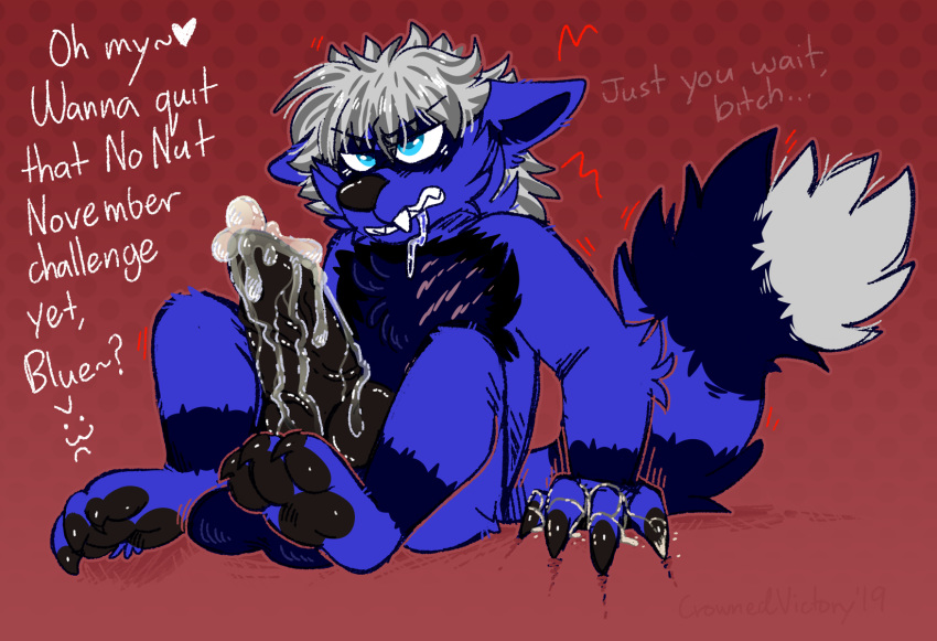 angry anthro big_balls big_knot big_penis blue blue_fur breeder canine canine_penis crownedvictory cum drool english_text excessive_cum furry grey_hair knot large_penis male male_focus male_only naked no_nut_november precum scar silver_hair text