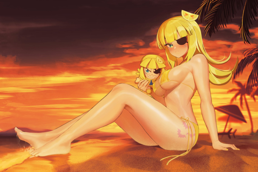 beach bikini blush blushing blushing_at_viewer eyepatch hi_res high_resolution highres looking_at_viewer notcy4n palm_tree palm_trees pink_tattoo sand sunset vannalemon vannalemon_plush vannamelon_(copyright) yellow_hair