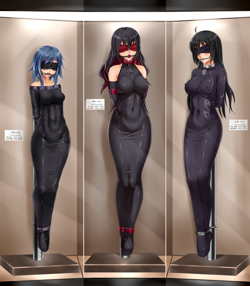 3girls ahoge armbinder arms_behind_back arms_tied_behind_back backless_outfit ball_gag bare_shoulders bit_gag black_hair blindfold blue_hair bodysuit bondage bondage_outfit bound_arms bound_to_pole boxbinder collar collarbone covered_navel dangling_legs erect_nipples female_only femsub full_body gag gagged gimp_suit halterneck helpless highres impossible_bodysuit impossible_clothes latex legs_together long_hair midnight_(banyex) multicolored_hair multiple_girls multiple_subs nipple_bulge off_shoulder on_display open_mouth_gag original pokies red_hair ring_gag saliva short_hair sign skin_tight stationary_restraints suspension suspension_bondage tied_to_pole tied_up tight_clothing tongue