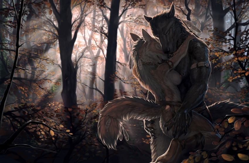 2016 5_fingers aaros amazing_background anthro ass bare_back black_body black_fur black_nose breasts brown_body brown_fur butt_grab canid canine canis claws closed_eyes day detailed detailed_background detailed_fur digitigrade duo feathers female fingers fluffy fluffy_tail forest fur hand_on_butt hi_res hug male mammal nature nipples nude outside plant side_boob smile standing tan_body tan_fur tree tribal wolf