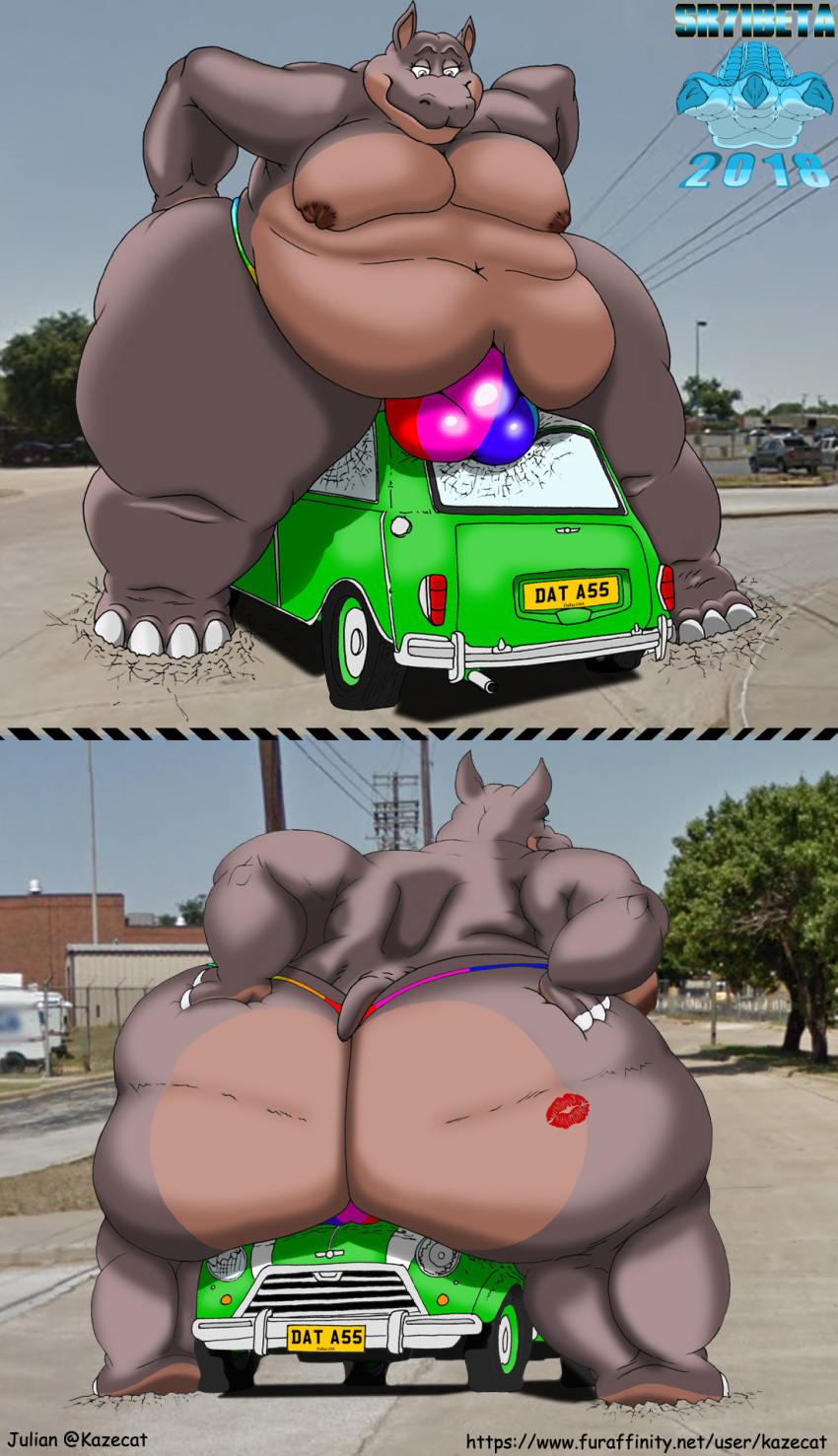 1boy anthro ass belly bulge car clothing comic common_hippopotamus cooper furry heavy hi_res hippopotamid julian_(kazecat) lips male male/male male_only mammal moobs obese obese_male overweight overweight_male photo_background rainbow sitting solo sr71beta teasing thong underwear vehicle vehicles