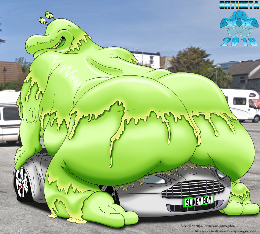 anthro ass astonmartin benewell big_(disambiguation) car carpark crush gastropod giant_male gooey heavy hi_res improvised_sex_toy invalid_tag justmegabenewell macro_male male_only micro_on_macro mollusk obese overweight slime slug slug_(justmegabenewell) slug_boyfriend solo sr71beta teasing vehicle vehicles