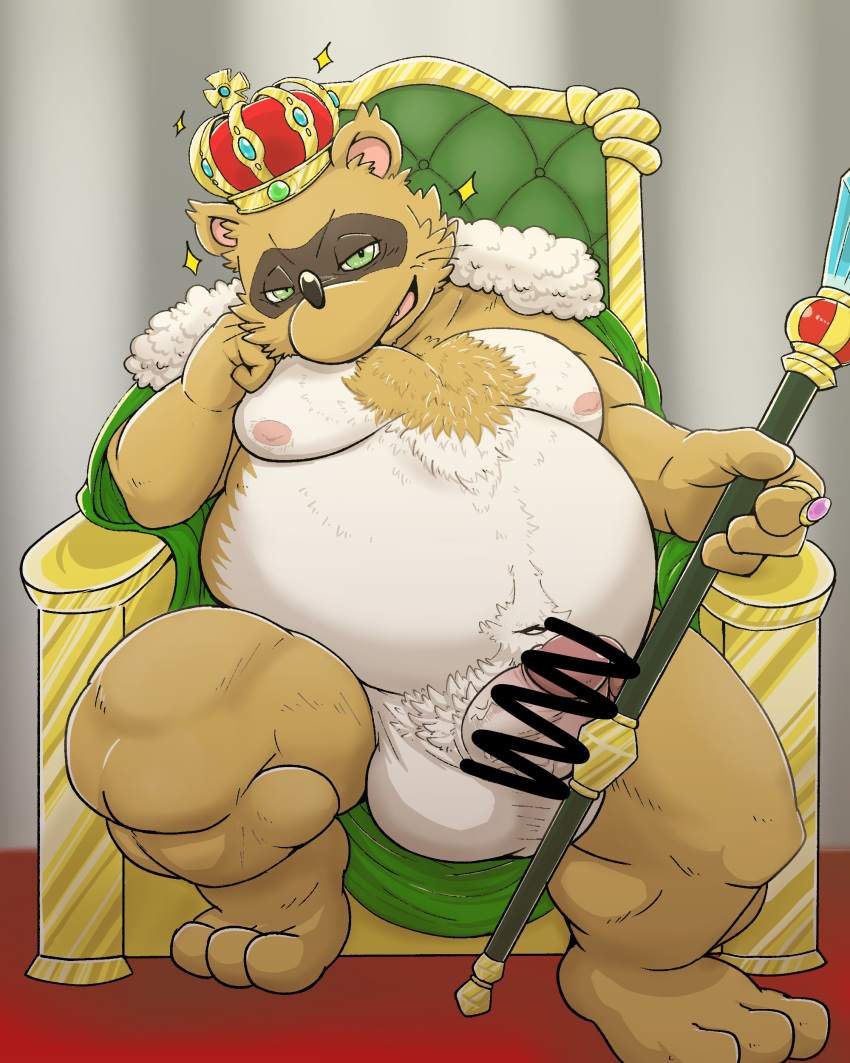 2019 absurd_res anthro balls belly big_balls brown_body brown_fur canid canine censored crown erection fur green_eyes hi_res male male_only mammal moobs nipples overweight overweight_male penis raccoon_dog rockmai3 sengoku_puzzle sitting solo tanuki tokugawa_ieyasu