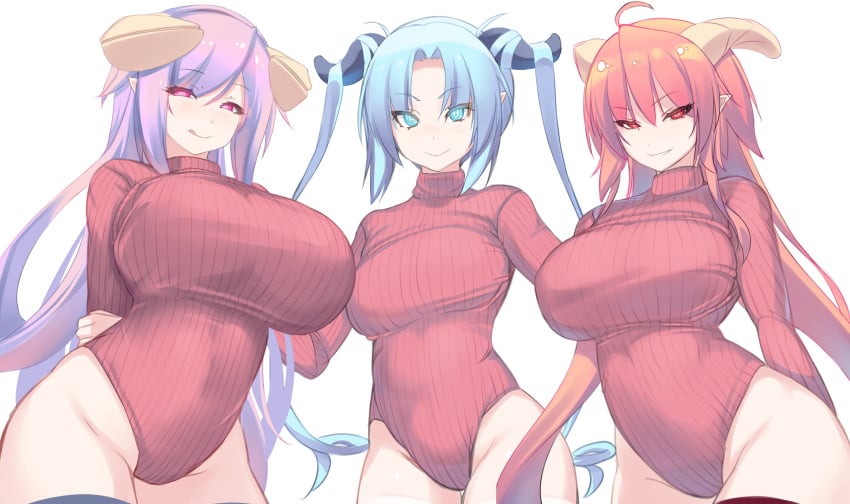 3girls astaroth_(mon-musu_quest!) big_breasts blue_hair breasts demon_girl demon_horns female horns huge_breasts lilith_(mon-musu_quest!) mon-musu_quest! monster_girl monster_girl_quest morrigan_(mon-musu_quest!) multiple_girls official_art purple_hair red_hair shiki_(psychedelic_g2) succubi succubus succubus_horns turtleneck