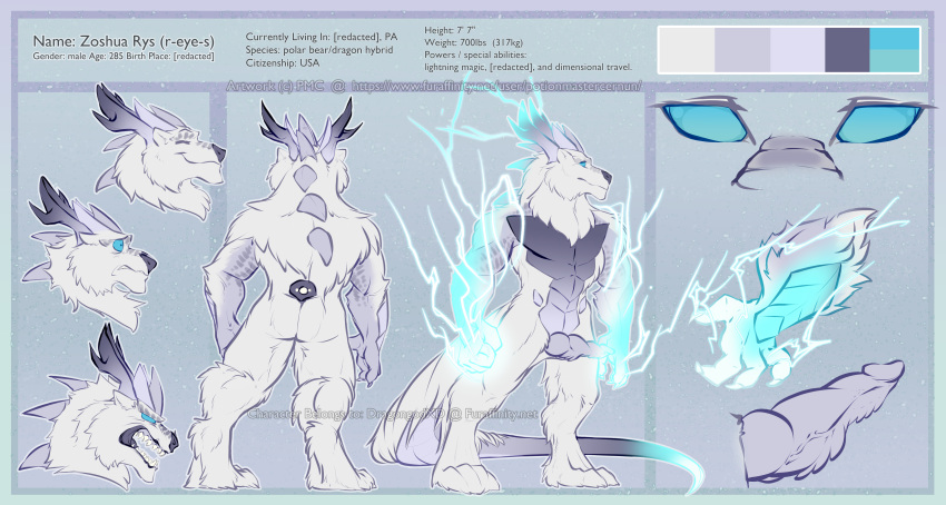 4092x2184 absurd_res anthro blue_eyes dragon fur hi_res horn hybrid lightning magic male mammal model_sheet penis polar_bear potionmastercernun scales solo ursid ursine white_body white_fur zoshua_rys