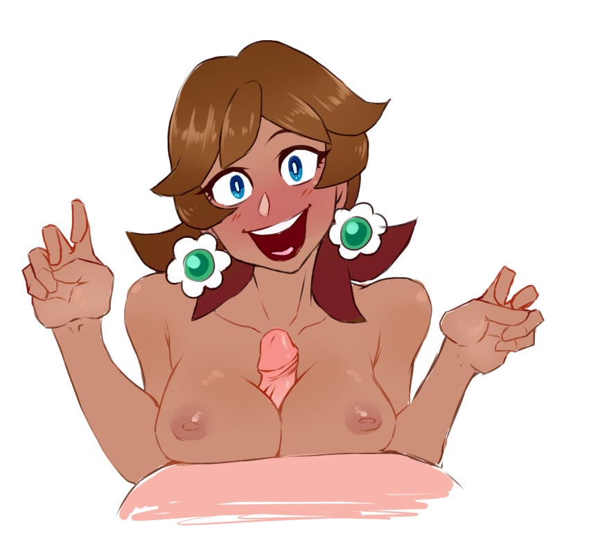 1boy 1girls between_breasts blue_eyes blush breasts brown_hair earrings eyelashes female flower_earrings grin hair_over_shoulder happy highres jewelry kaehavandias kinjero large_breasts large_penis looking_at_viewer male male_pov mario_(series) nintendo nipples open_mouth paizuri penis pov princess_daisy simple_background smile straight tan tan-skinned_female tan_skin unseen_male_face w_arms white_background