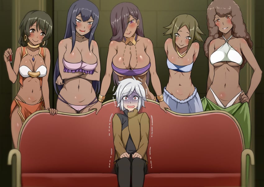 1boy 5girls :d :q aisha_belka arms_behind_back bell_cranel big_breasts bikini_top black_hair blush breasts brown_hair cleavage couch crossed_arms dark-skinned_female dark_skin darkmaya dungeon_ni_deai_wo_motomeru_no_wa_machigatteiru_darou_ka earrings fem-blacked female femdom grin hair_over_one_eye hand_on_hip harem harem_girl heart heart-shaped_pupils high_resolution huge_breasts imminent_gangbang imminent_rape imminent_sex interracial jewelry large_breasts larger_female leisha(danmachi) lena_tally light-skinned_male light_skin long_hair male medium_breasts meme midriff multiple_girls naughty_face navel necklace nervous open_mouth pale-skinned_male pale_skin pettanko photo-referenced piper_perri_surrounded purple_eyes red_eyes seductive seductive_smile sitting skirt small_breasts smaller_male smile standing symbol-shaped_pupils tongue tongue_out trembling underboob white_hair you_gonna_get_raped