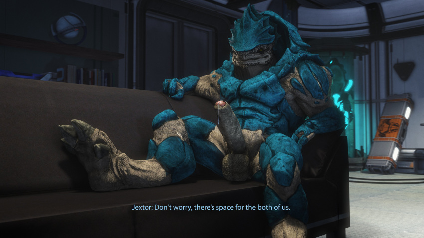 16:9 3d 3d_(artwork) 4k absurd_res alien balls bodily_fluids dialogue foreskin frenulum genital_fluids hi_res humanoid_penis krogan looking_at_viewer male male_only mass_effect multi_balls multi_genitalia muscular muscular_male nude on_couch partially_retracted_foreskin penis precum presenting presenting_balls presenting_penis rooking sitting solo spread_legs spreading uncut unseen_character video_games