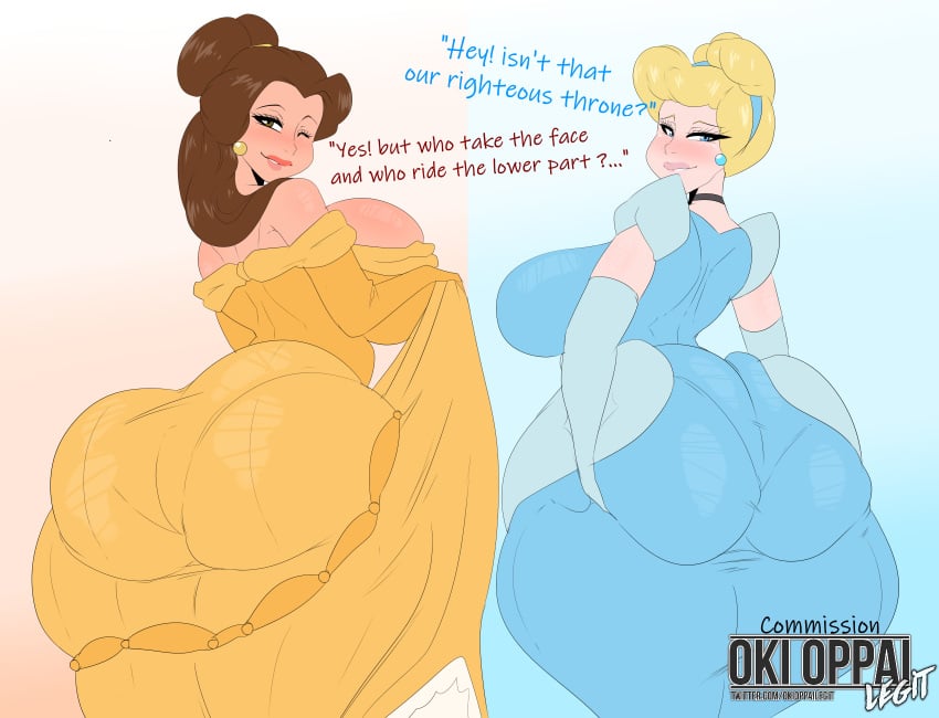 2girls alternate_ass_size artist_name ass ass_in_dress beauty_and_the_beast belle belle_(beauty_and_the_beast) big_ass big_breasts big_butt biting_lip blonde_hair blue_eyes blush breasts brown_eyes brown_hair bubble_ass bubble_butt bursting_breasts choker cinderella_(1950_film) cinderella_(disney) cleavage clothing crossover dat_ass dialogue disney disney_princess dress earrings english_text fat_ass fat_butt female female_only gradient_background huge_ass imminent_facesitting large_breasts looking_at_viewer looking_back multiple_girls okioppai pantylines pleasure_face png princess_dress royalty seductive seductive_look seductive_smile smile smiling thick_ass thick_thighs wide_hips