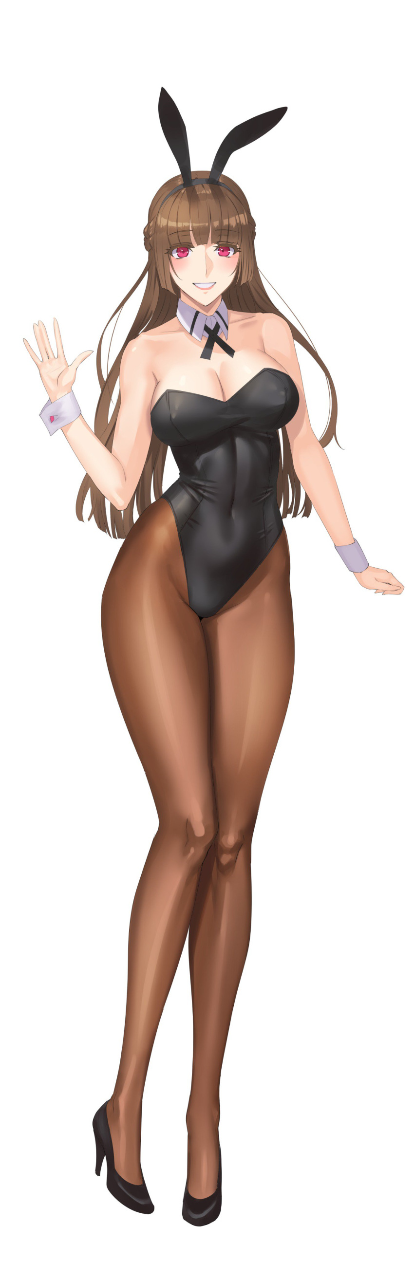 animal_ears bangs bare_shoulders black_leotard blunt_bangs breasts brown_hair brown_legwear bunny_ears bunny_girl bunnysuit clavicle cleavage covered_navel damegane detached_collar eyebrows_visible_through_hair fake_animal_ears female full_body hairband high_heels high_resolution highleg highleg_leotard large_breasts leotard long_hair long_image looking_at_viewer original pantyhose parted_lips red_eyes sakura_(damegane) shoes simple_background smile solo standing tall_image very_high_resolution white_background wrist_cuffs