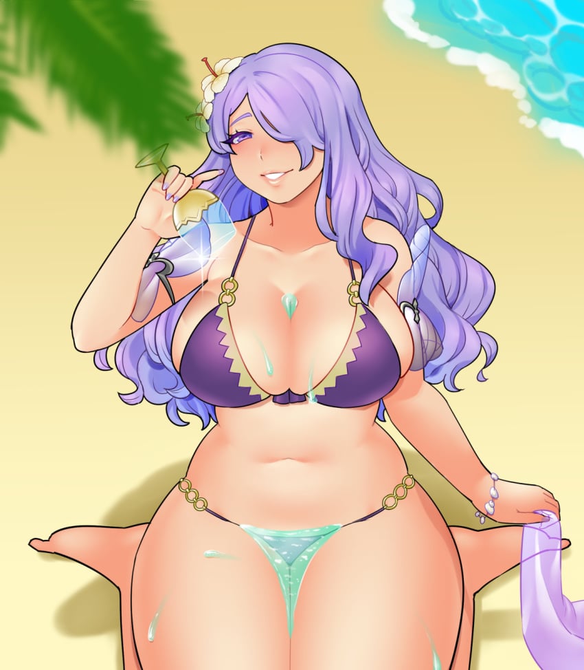 beach bikini camilla_(fire_emblem) camilla_(summer)_(fire_emblem) drink fire_emblem fire_emblem_fates fire_emblem_heroes glass hair_ornament large_breasts nntttrrn outdoors purple_bikini purple_eyes purple_hair sitting smile spilled_drink teasing thick_thighs thighs tropical_drink wide_hips