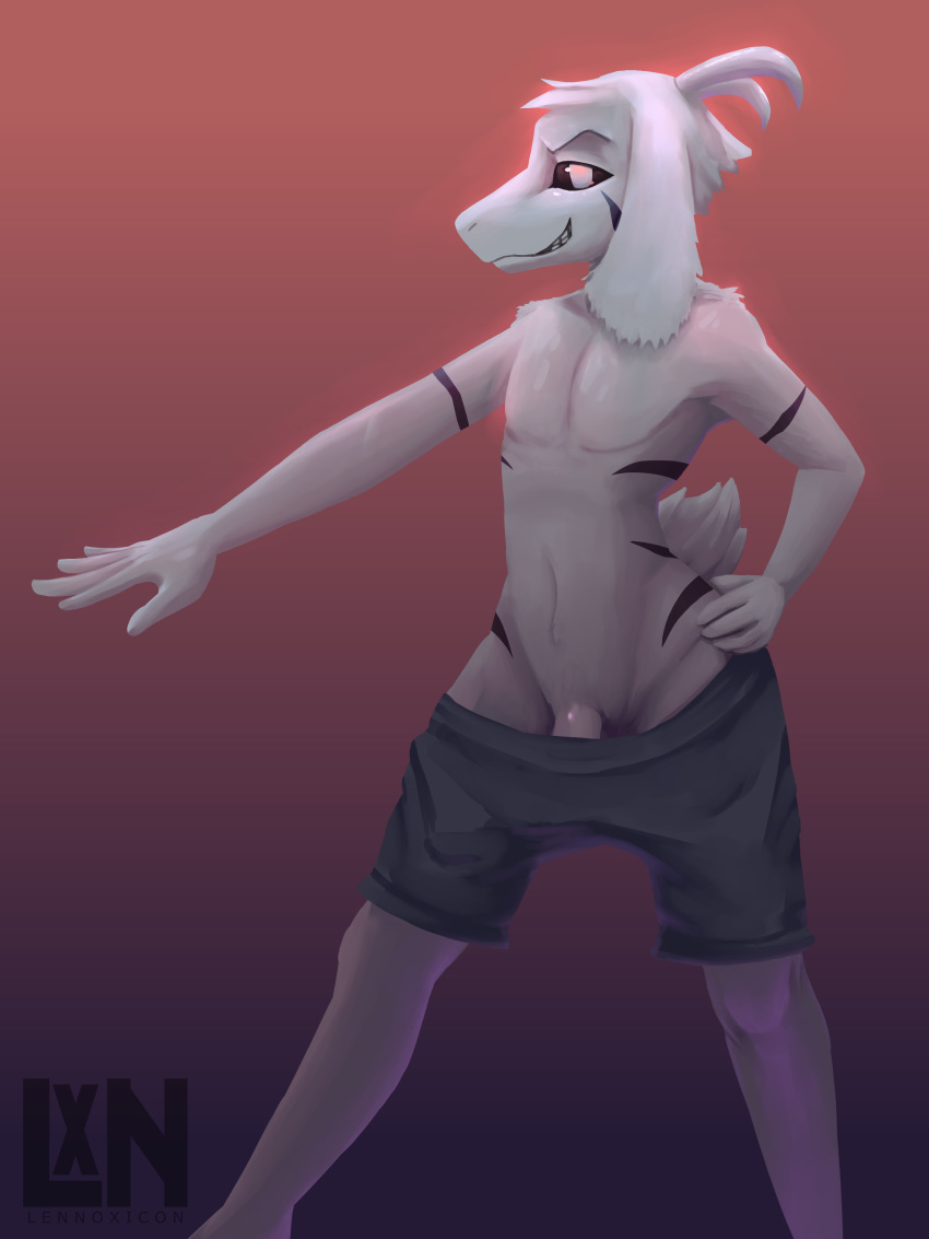 2019 absurd_res anthro asriel_dreemurr bottomwear bovid caprine clothed clothing detailed goat grin hi_res horn lennoxicon looking_at_viewer male male_only mammal penis shorts smile solo standing tattoo topless undertale video_games