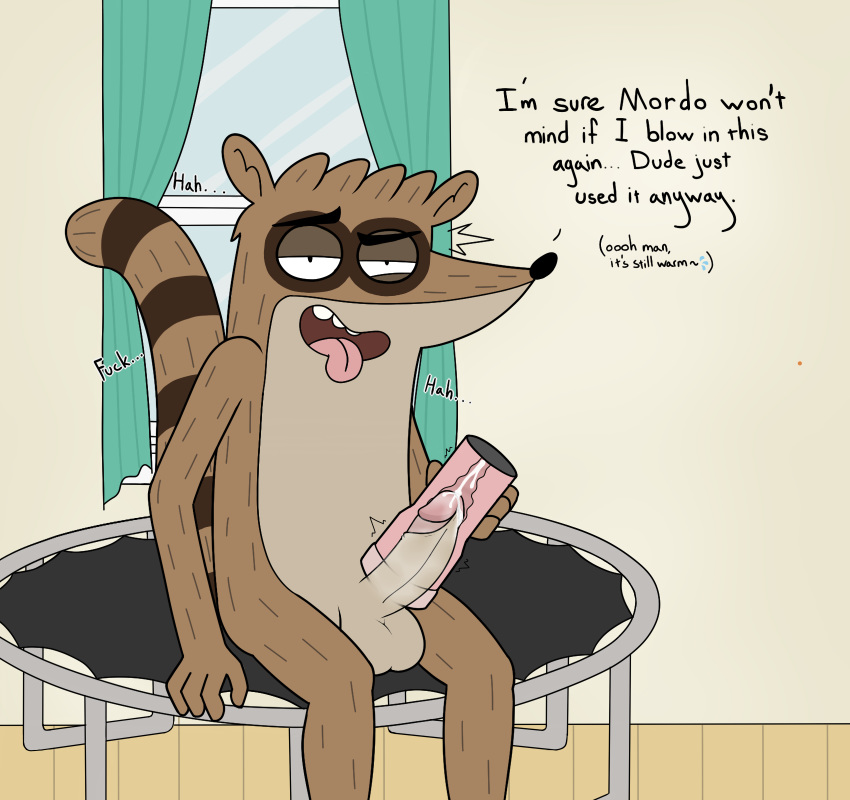 balls bodily_fluids cartoon_network cum dialogue erection genital_fluids hi_res humanoid_penis male male_only mammal mezzanine_(artist) penetrable_sex_toy penis procyonid raccoon regular_show rigby_(regular_show) sex_toy solo