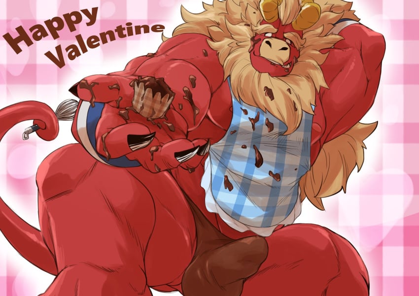 2018 4_fingers apron beard big_muscles blush bulge candy chocolate clothing cupcake demon eyebrows facial_hair fingers food fur gardie_(otukimi) hand_behind_head hi_res horn looking_at_viewer male male_only muscular muscular_male nipples othukimi penis_outline pink_nipples red_body red_skin sitting solo tan_body tan_fur text thick_eyebrows underwear yellow_horn