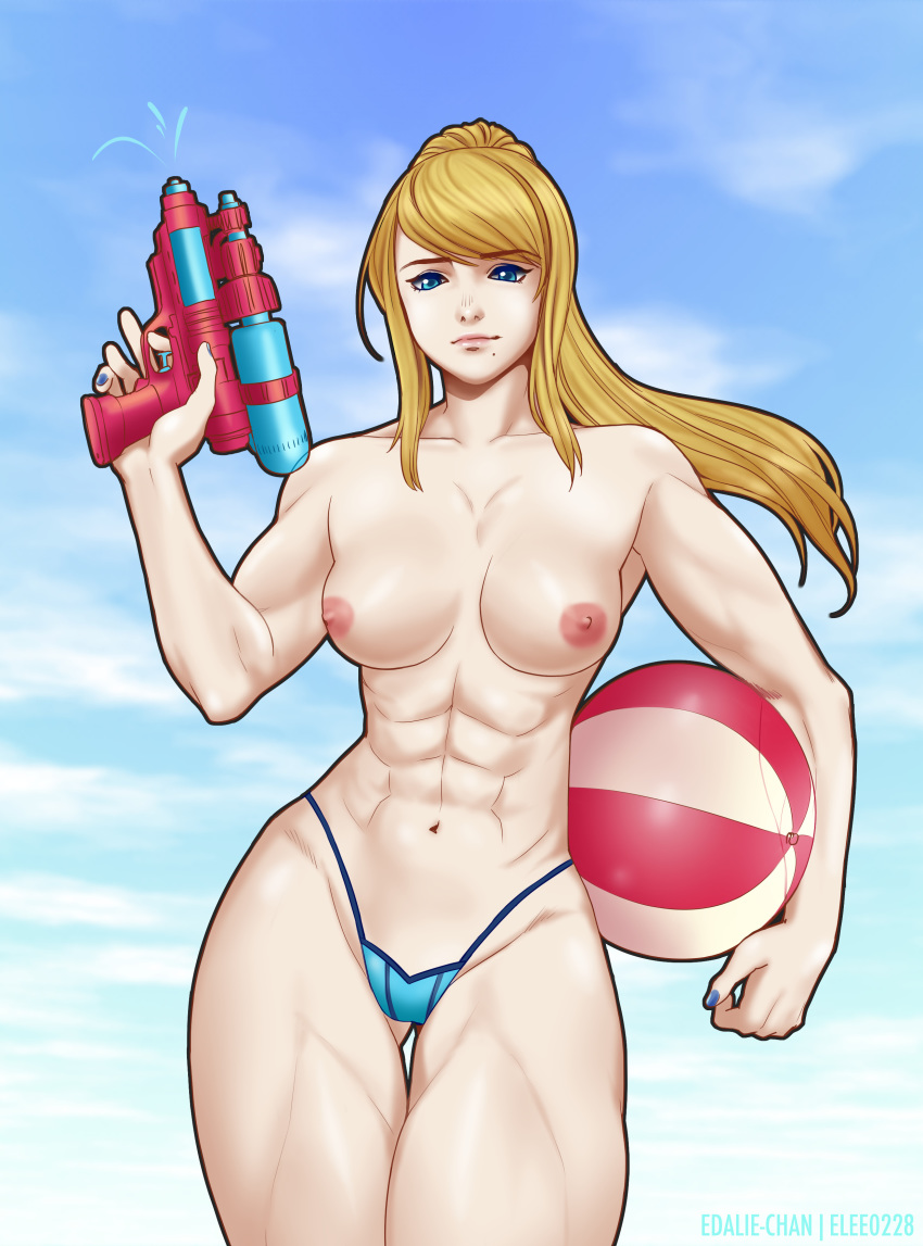 1girls abs areolae breasts edalie elee0228 female female_only looking_at_viewer metroid muscles muscular muscular_female nintendo nipples samus_aran solo topless