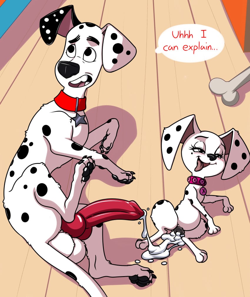 101_dalmatian_street 101_dalmatians 2019 absurd_res after_sex ahe_gao animal_genitalia animal_penis animal_pussy balls black_body black_fur bodily_fluids canid canine canine_penis canine_pussy canis creampie cum cum_in_pussy cum_inside dalmatian deja_vu_(101_dalmatians) disney domestic_dog dylan_(101_dalmatians) english_text eye_roll female feral feral_creampied fur genital_fluids hi_res hypergal knot looking_pleasured male mammal multicolored_body multicolored_fur open_mouth open_smile penis pussy size_difference smaller_female smile speech_bubble spots spotted_body spotted_fur straight teeth text tongue tongue_out two_tone_body two_tone_fur white_body white_fur