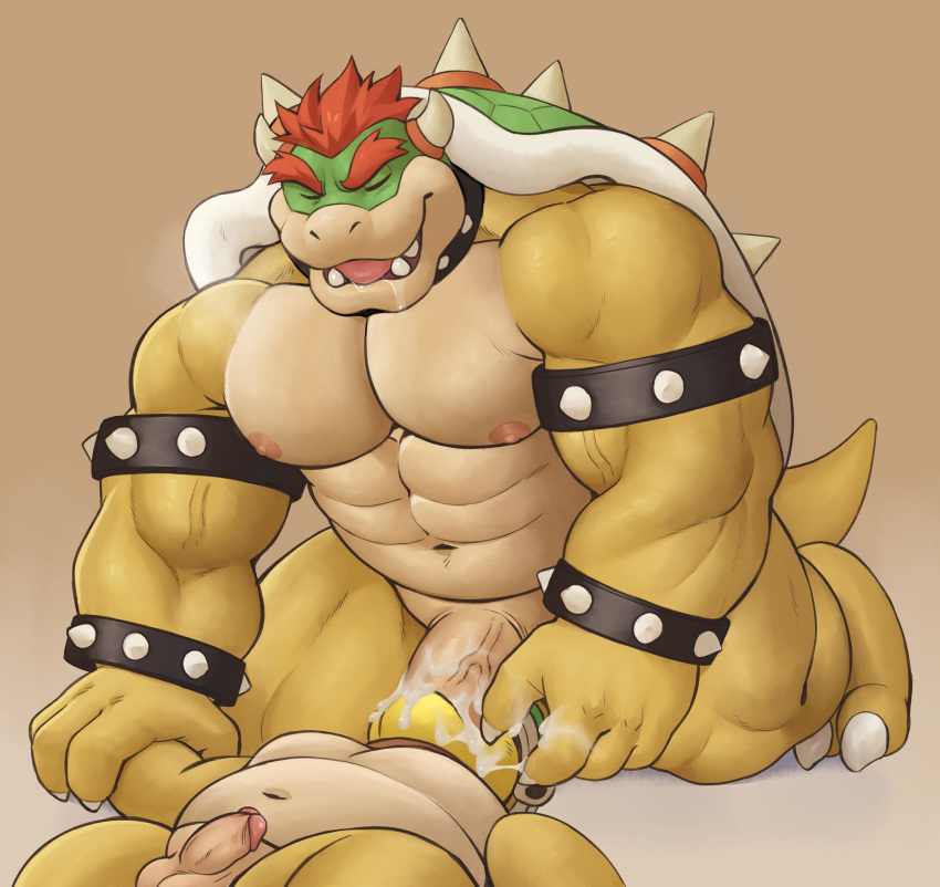 2019 4_fingers absurd_res adios anthro anthro_on_anthro balls big_dom_small_sub big_muscles bodily_fluids bowser bracelet brown_background claws collar cum cum_in_mouth cum_inside domination drooling duo erection fellatio fingers gay genital_fluids hi_res humanoid_penis jewelry koopa male male/male male_only mario_(series) musclegut muscular muscular_male navel nintendo nipples nude oral penile penis saliva scalie sex simple_background size_difference sledge_bro spiked_bracelet spiked_collar spikes vein veiny_penis video_games