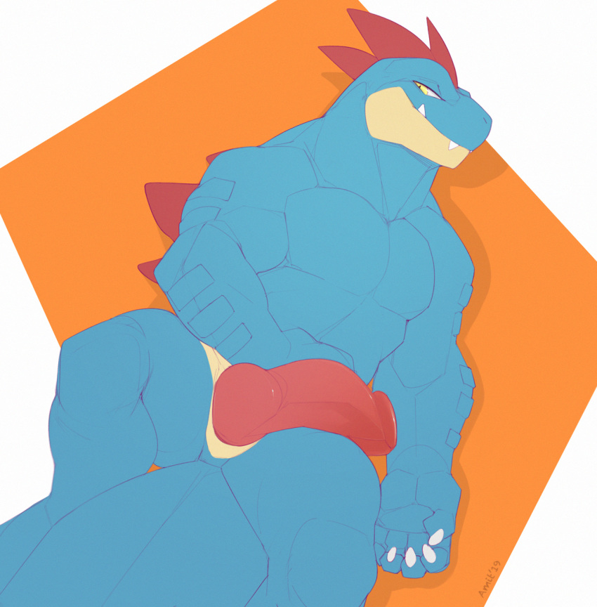 2019 amit anthro anthrofied claws crest fangs feraligatr hi_res knot looking_at_viewer male male_only muscular nintendo pecs penis pokémon_(species) pokémorph pokemon reptile scales scalie simple_background snout solo spines video_games