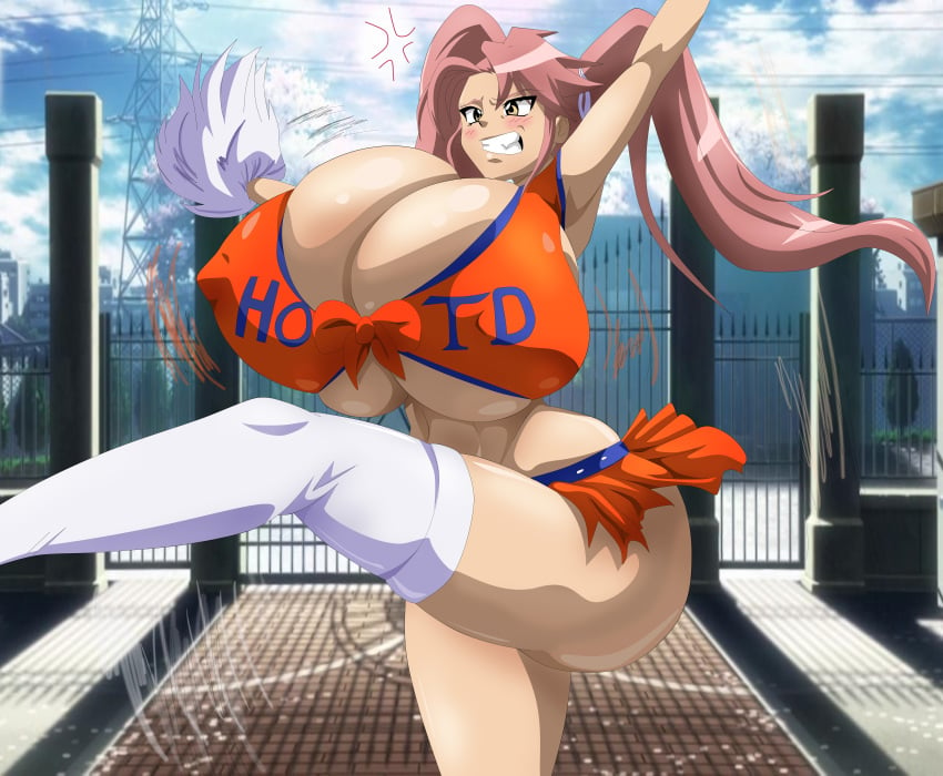 1girls absurd_res big_ass blush breasts cheerleader cheerleader_uniform cleavage female gigantic_breasts greengiant2012 highschool_of_the_dead huge_breasts pink_hair pom_poms saya_takagi twintails