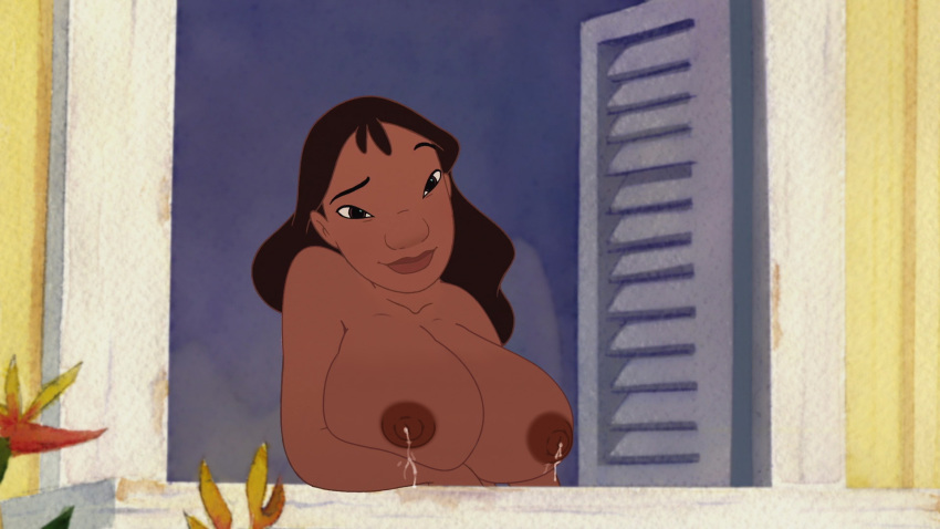 1girls accurate_art_style big_breasts black_hair breasts dark-skinned_female dark_nipples dark_skin disney edit female female_only huge_breasts human human_only lactation lactation_without_expressing large_breasts lilo_and_stitch long_hair nani_pelekai nipples nude poivoit pregnant screenshot screenshot_edit solo topless window