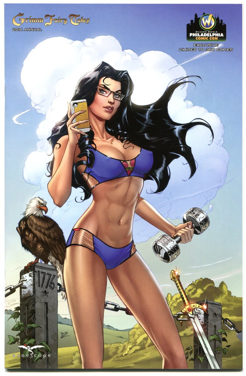 1girls 2014 bald_eagle big_breasts black_hair blue_bra blue_eyes blue_panties bra breasts busty cleavage comic_cover dumbbell erect_nipples erect_nipples_under_clothes female female_only glasses grimm_fairy_tales_zenescope iphone large_breasts lipstick long_hair michael_dooney nipple_bulge nipples nipples_visible_through_clothing official_art panties philadelphia pinup purple_lips purple_lipstick sela_mathers smartphone solo standing sword text thighs zenescope