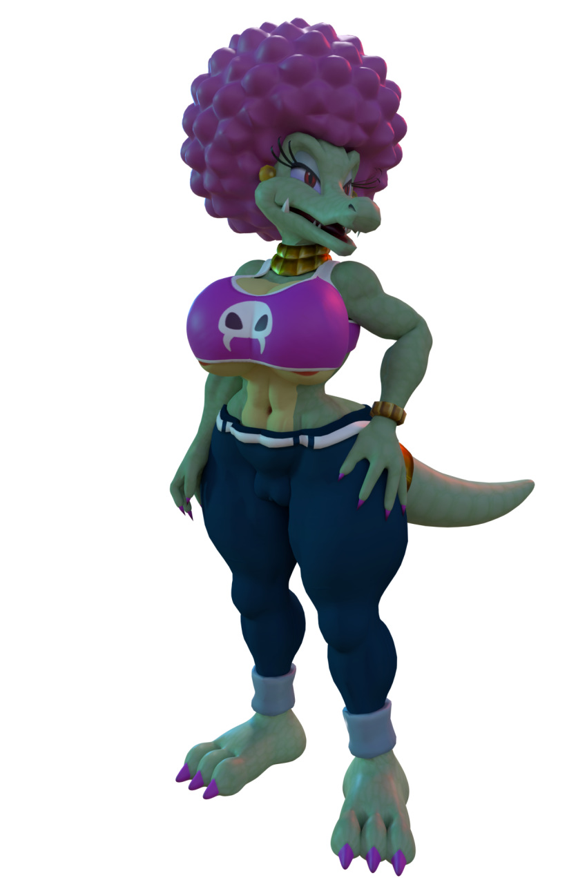 1girls 3d afro alternate_version_available amphibian anthro areola_slip bare_shoulders barefoot big_breasts bracelet busty choker crocodilian curvy donkey_kong_(series) erect_nipple erect_nipples eyelashes eyeshadow fangs female female_only front_view furry green_skin half-closed_eyes hourglass_figure humanoid kalypso kremling looking_at_viewer lowkeydiag midriff nail_polish nintendo open_mouth pants pose posing red_eyes scalie short_hair simple_background solo spread_legs spreading standing tail tube_top tubetop underboob video_game video_games voluptuous white_background wide_hips