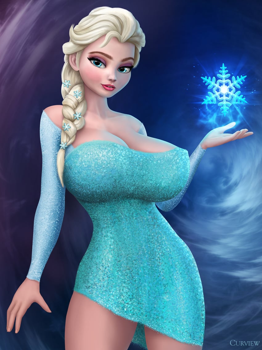 1girls 3d 3d_(artwork) big_breasts blonde_hair blue_eyes breasts cleavage clothed clothing curview disney elsa_(frozen) female female_only frozen_(film) fully_clothed huge_breasts looking_at_viewer solo solo_focus