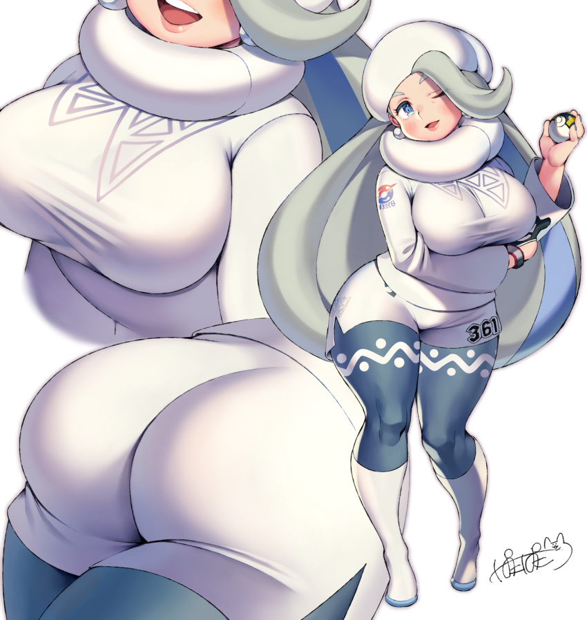 1girls alternate_breast_size arm_under_breasts ass ass_focus blonde_hair blue_eyes blush boots breast_focus breasts bubble_butt clothed curvaceous earrings eye_contact female female_only grey_legwear gym_leader hat high_resolution holding holding_object huge_ass huge_breasts human human_only iroyopon jewelry large_ass large_breasts legwear_under_shorts lips long_hair long_sleeves looking_at_viewer melony_(pokemon) milf multiple_views nintendo one_eye_closed open_mouth pantyhose plump pnpnonk04 poke_ball pokemon pokemon_ss pose short_shorts shorts smile standing sweater text thick_thighs thighs ultra_ball upper_teeth very_long_hair voluptuous watermark white_footwear white_headwear white_shorts white_sweater wide_hips wink