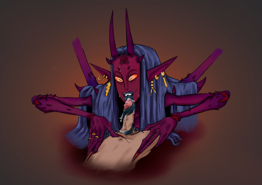 artist_request athletic_female chitin demon erection fellatio female horns human human_penetrating insect insect_girl insectoid kill_six_billion_demons light-skinned_male light_skin long_hair long_tongue male nude penis pointy_ears purple_skin webcomic yabalchoath