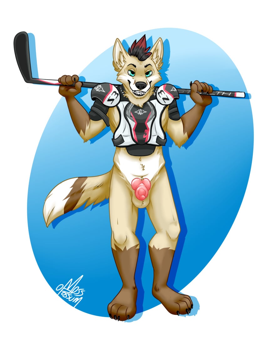 animal_genitalia animal_penis anthro balls canid canine canine_penis canis domestic_dog grin hi_res hockey hockey_stick husky knot looking_at_viewer male male_only mammal mosstheopossum nordic_sled_dog penis simple_background smile solo spitz sport sports_gear