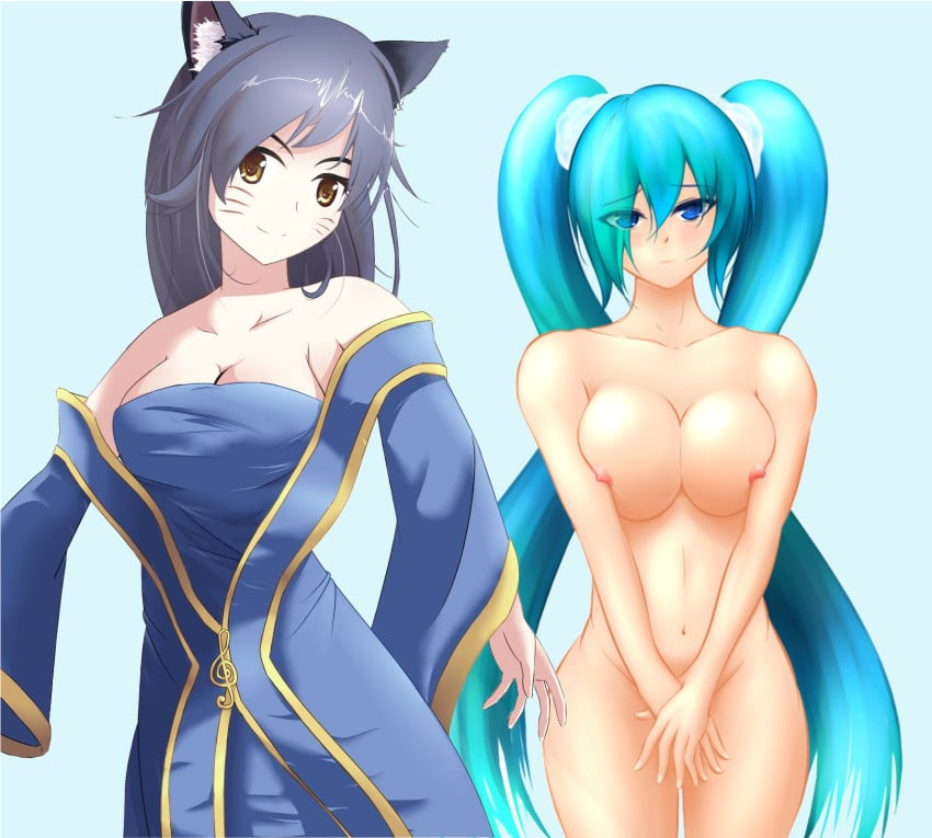 2018 2girls ahri big_breasts blue_dress blue_eyes blue_hair blush blushing blushing_at_viewer breast_squeeze breasts breasts_pressed_together clothed_female clothed_female_nude_female clothed_on_nude clothes_removed clothes_thief clothing_thief completely_naked completely_nude completely_nude_female cosplay costume_switch covering covering_crotch covering_pussy covering_self cyan_hair dark_hair dress edit embarrassed embarrassed_nude_female eyebrows_visible_through_hair eyelashes_visible_through_hair eyes_visible_through_hair female female_focus female_only furry_ears golden_eyes hair_ornament happy large_breasts league_of_legends long_hair looking_at_viewer multicolored_dress multiple_girls naked naked_female nipples nude nude_female only_one_naked riot_games sad seitsuki simple_background sona_buvelle sona_buvelle_(cosplay) stolen_clothes thick_thighs twintails undressed very_long_hair whiskers wide_hips