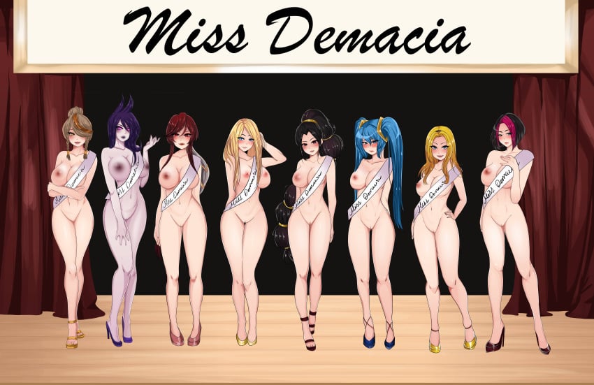 6+girls 8girls angel aqua_hair big_breasts bilgewater_series blonde_hair blue_eyes blue_hair blush breasts brown_eyes competition completely_nude confident corsair_quinn curtains dark_hair demon embarrassed embarrassed_nude_female fiora_laurent gold_heels golden_eyes hair_ornament hand_behind_back hand_on_hip happy high_heels ironscale_shyvana kayle league_of_legends legacy_series long_hair long_twintails luxanna_crownguard makeup morgana multicolored_hair multiple_girls naked naked_footwear naked_heels nipples nude open_toe_shoes ponytail presenting public purple_eyes purple_skin pussy quinn red_eyes red_hair riot_games ruricchi shaved_pussy short_hair shyvana sona_buvelle stage twintails vayne white_skin wide_hips