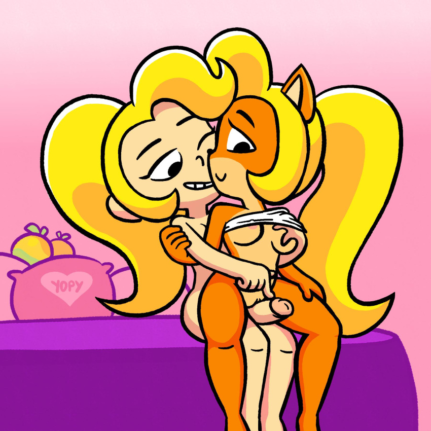 1:1 2019 activision alternate_species anthro bandicoot bed blonde_hair breast_grab breasts coco_bandicoot crash_(series) duo erection female food fruit furniture furry futa futanari gynomorph gynomorph/female hair hand_on_breast heart hi_res human human_on_anthro humanized imminent_sex intersex intersex/female interspecies long_ears mammal marsupial naughty_face penis pillow plant ponytail pussy selfcest signature sitting smile square_crossover video_games yopy