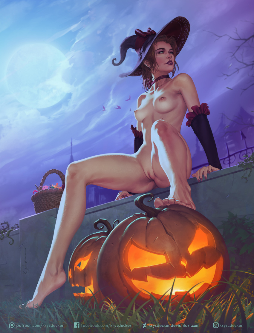 1girls absurdres aerith_gainsborough areolae armwear ass barefoot barefoot_on_grass basket blue_eyes breasts breasts_apart brown_hair casual casual_exposure casual_nudity choker cloud detached_sleeves feet female female_only final_fantasy final_fantasy_vii full_body full_moon halloween headwear highres human jack-o'-lantern krysdecker lipstick looking_afar looking_up lookint_to_the_side metal_fence neckwear night night_sky nighttime nipples nude outdoors public public_nudity pumpkin pussy sitting sky small_breasts solo toes uncensored witch_hat