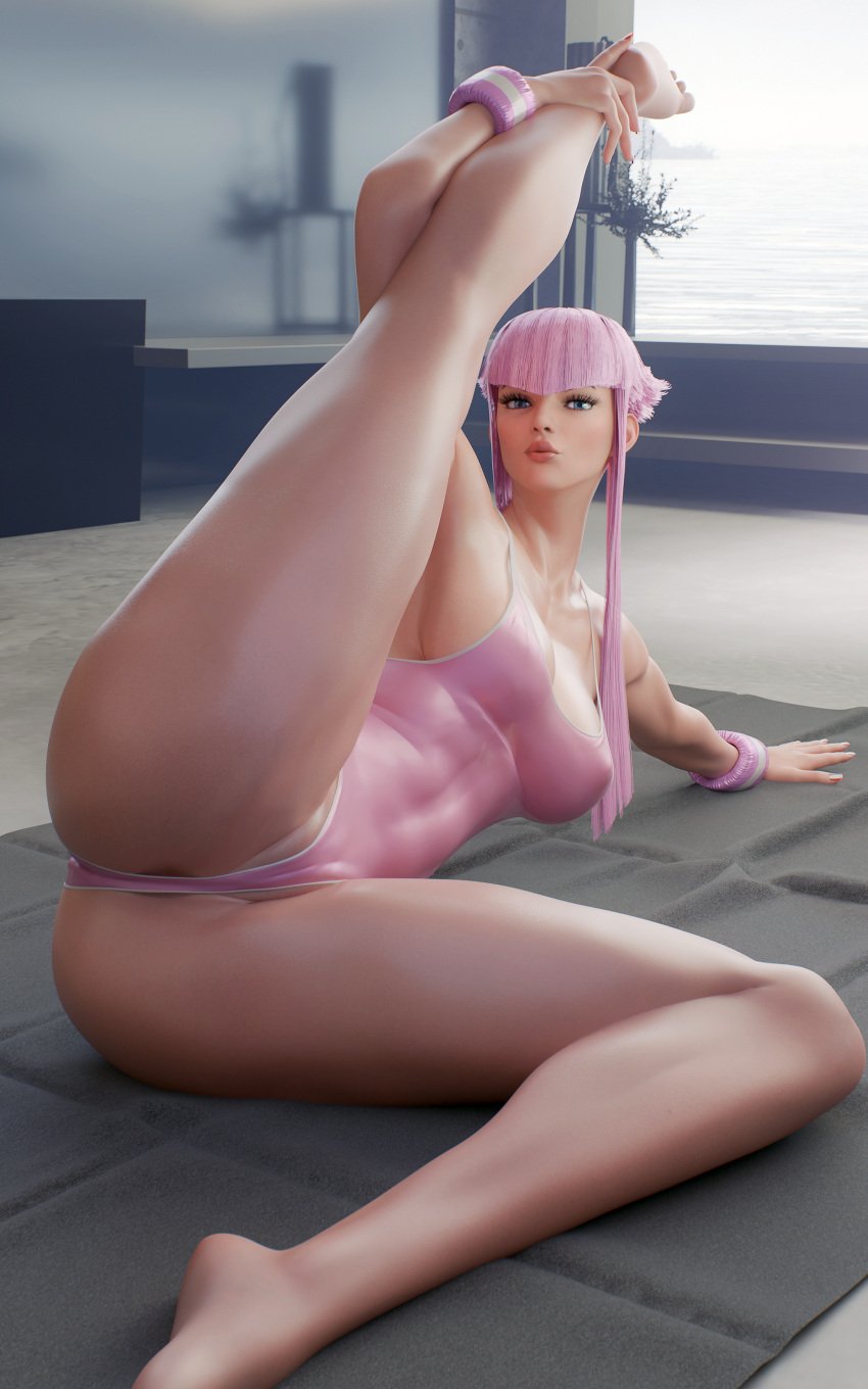 1girls 3d athletic athletic_female blue_eyes capcom exercise fugtrup laying_down leg_up legs_up leotard looking_at_viewer manon_legrand pink_hair street_fighter street_fighter_6 tagme