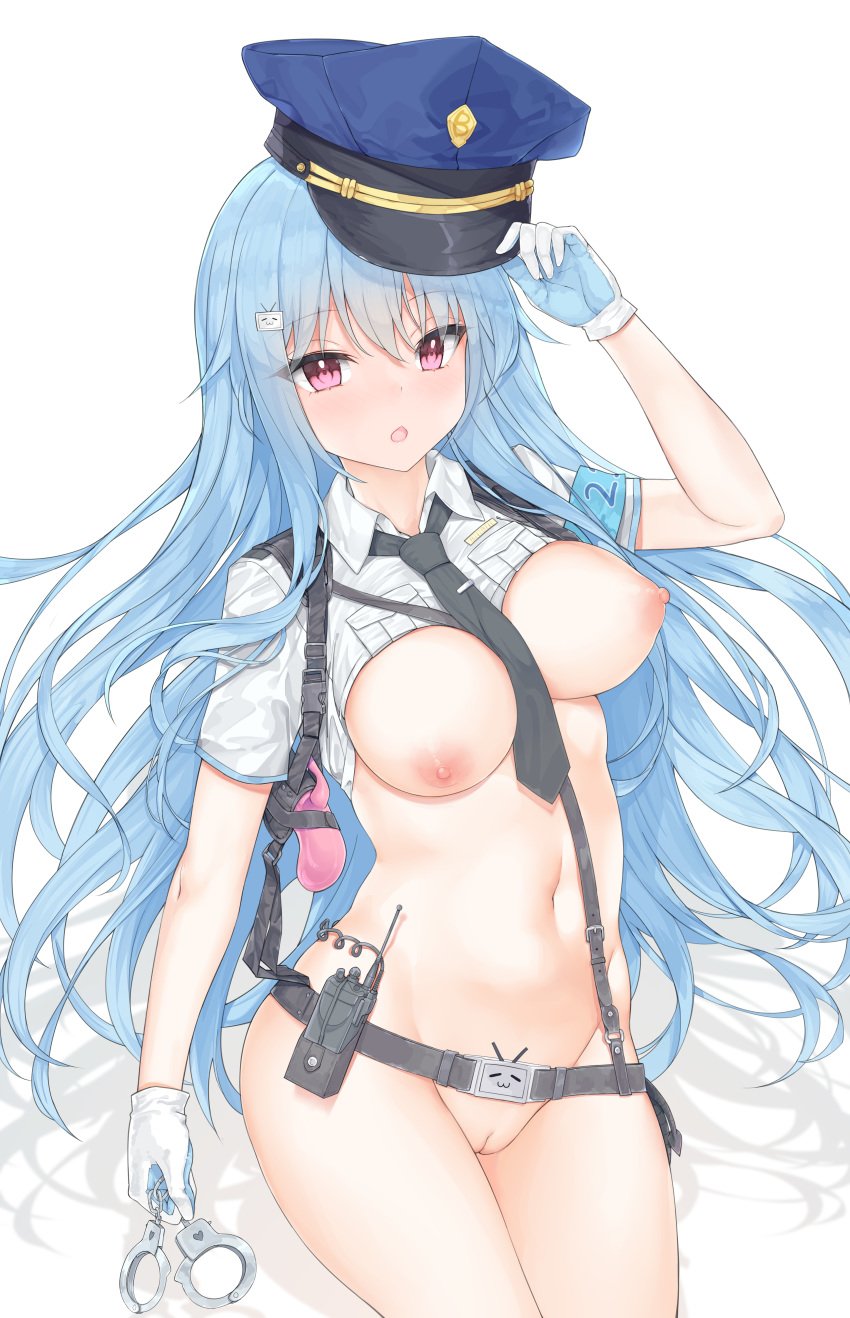 absurdres bili_girl_22 bilibili bilibili_douga blue_hair breasts cowboy_shot dildo eyebrows_visible_through_hair female hair_ornament hairclip hat highres holster jyt large_breasts long_hair navel necktie nipples police police_hat police_uniform policewoman pussy red_eyes revealing_clothes shadow shirt_lift shoulder_holster two-tone_gloves uncensored uniform walkie-talkie walkie_talkie white_background